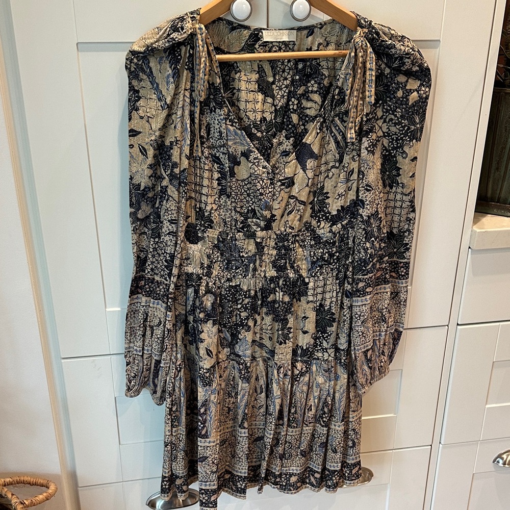 ULLA JOHNSON Floral Print Smocked Waist Women’s Top Dress - Blue and tan